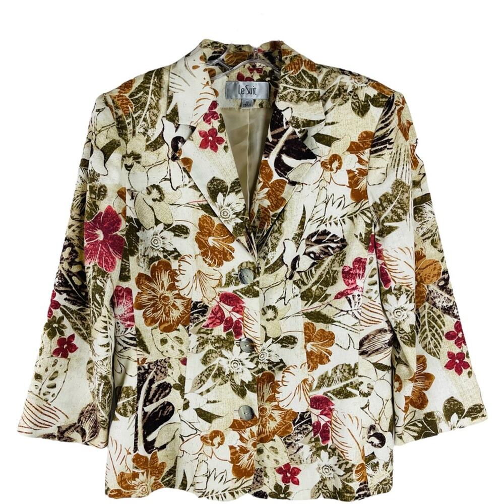Vintage cream brown linen floral fall button office preppy blazer jacket 10